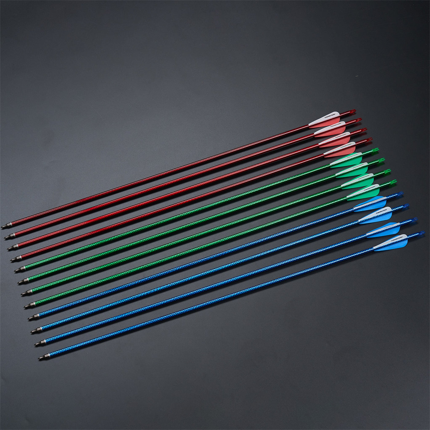 12x 31.5" Twill Woven Striped ID 6.2mm Spine 500 Archery Arrows 3" Parabolic Vane Mixed Carbon Green/Blue/Red