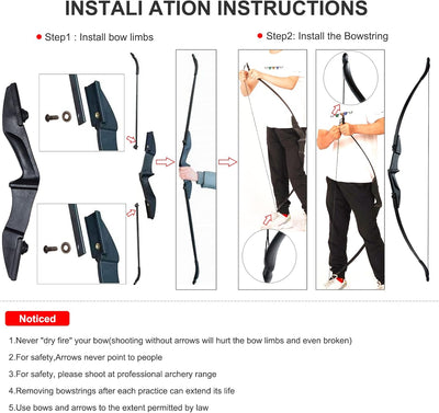 57" Ambidextrous Takedown Recurve Bow Hunting Black Beginner Teenagers Left Right Hand 20/30/40lbs