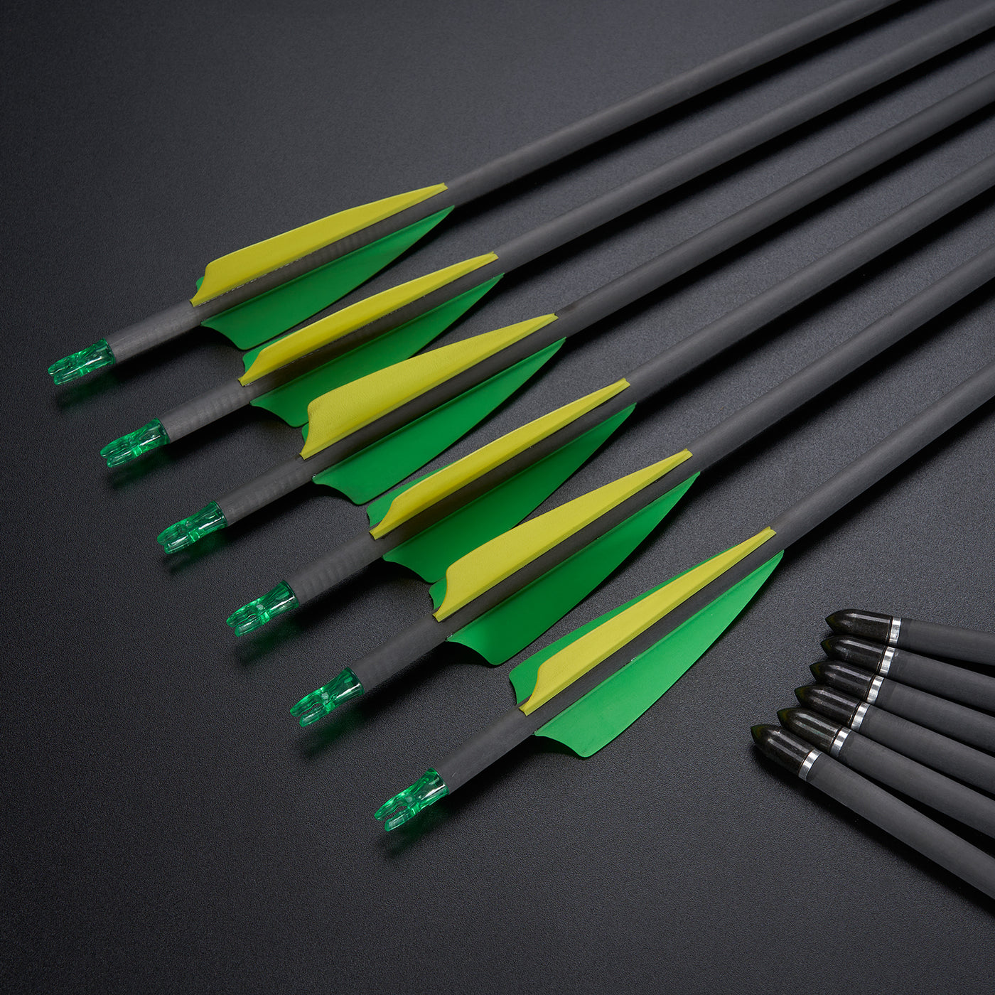 12x 32" OD 7.5mm ID 6.2mm Spine 400 Green Fletched Pure Carbon Archery Arrows Replaceable Tips