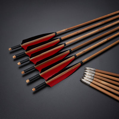 12x 31.5" Parabolic Red Feather Fletched Bamboo Archery Arrows with Field Points