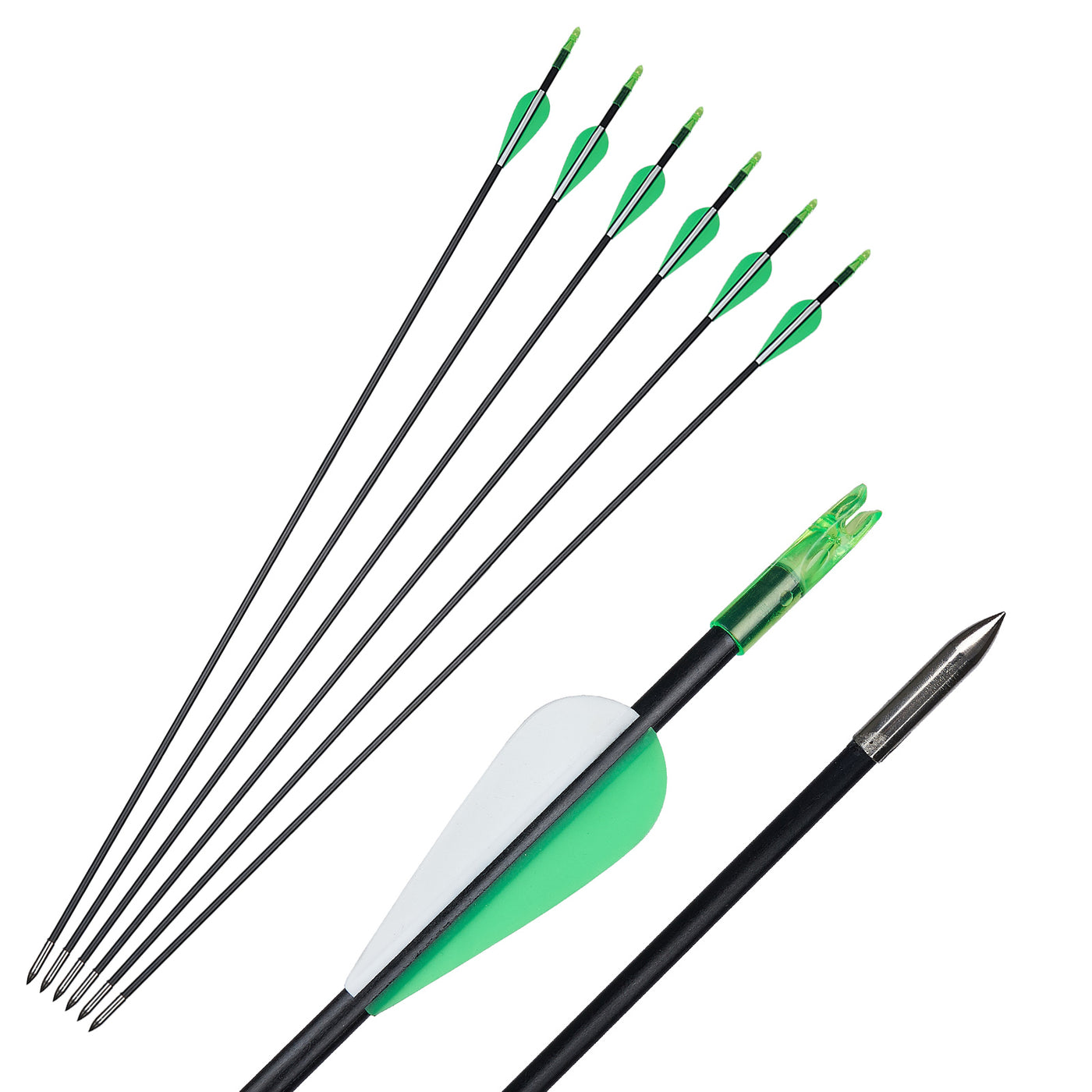 12x 31" Skinny Slim OD 6mm Spine 800 Black Green Fiberglass Archery Arrows for Recurve Bow Fixed Tips Over Nocks