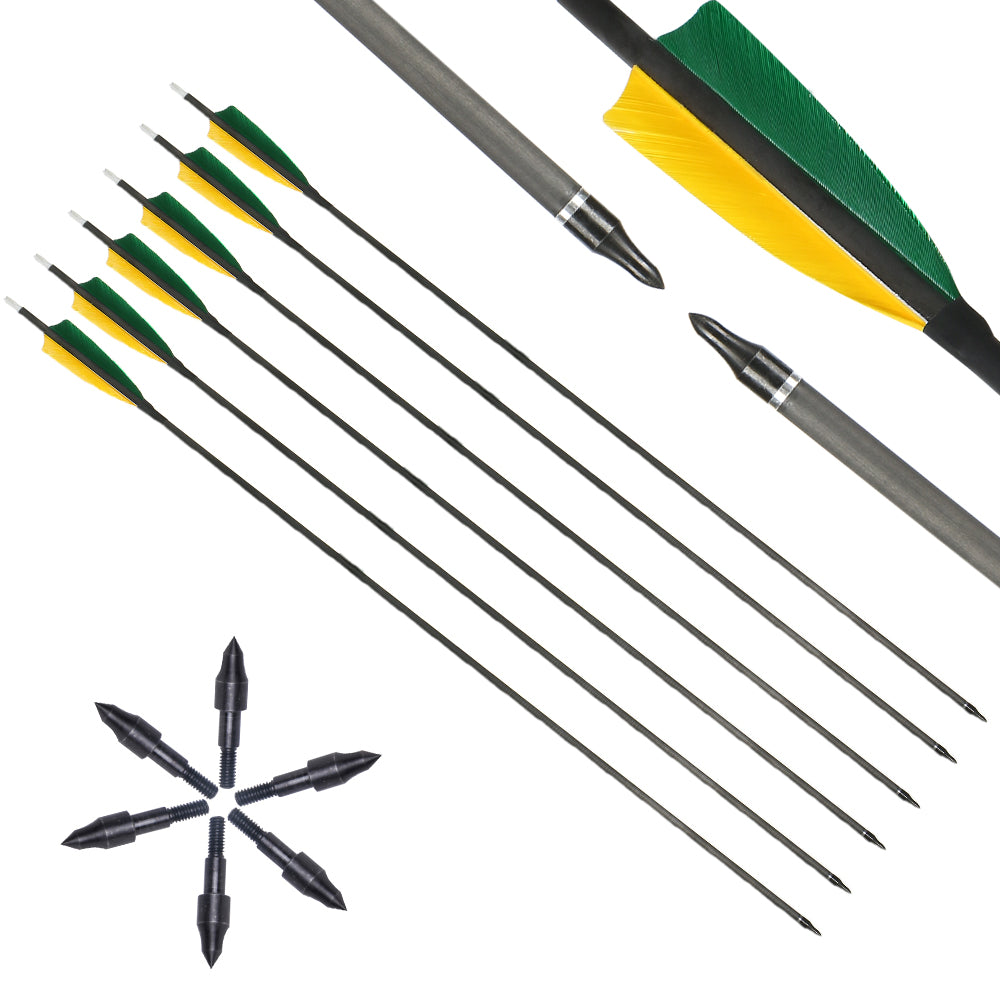 12x 32" OD 7.5mm ID 6.2mm Spine 400 Green Yellow Turkey Feather Mixed Carbon Archery Arrows