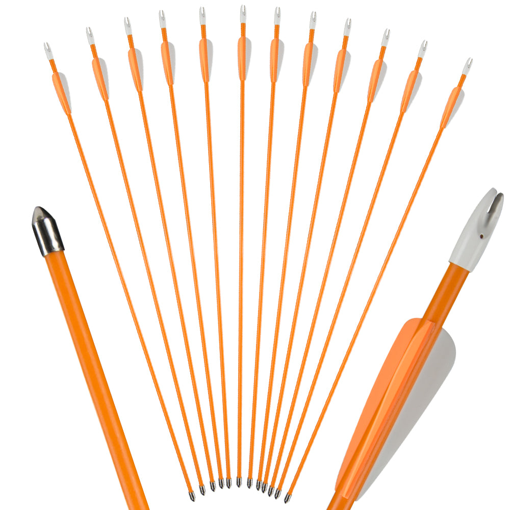 12x 27" OD 7mm Orange Shaft Kids Fiberglass Archery Arrows Fixed Tips