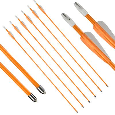 12x 27" OD 7mm Orange Shaft Kids Fiberglass Archery Arrows Fixed Tips