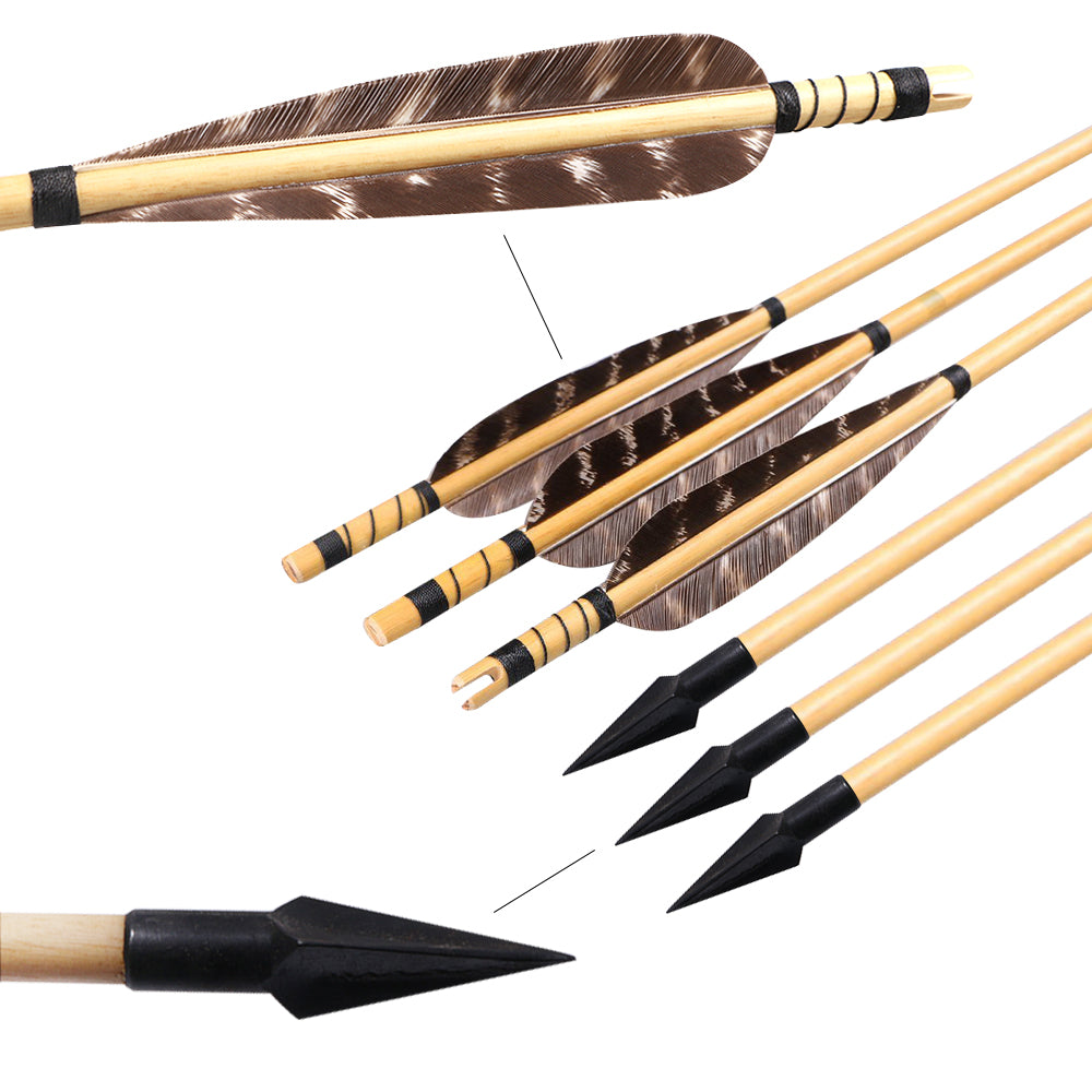 12x 31.5" Parabolic Natural Barred Feather Fletched Wood Archery Arrows with Tapered Broadheads