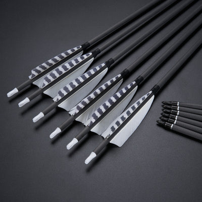 12x 33" OD 7.5mm ID 6.2mm Spine 400 White Barred Turkey Feather Fletched Pure Carbon Archery Arrows