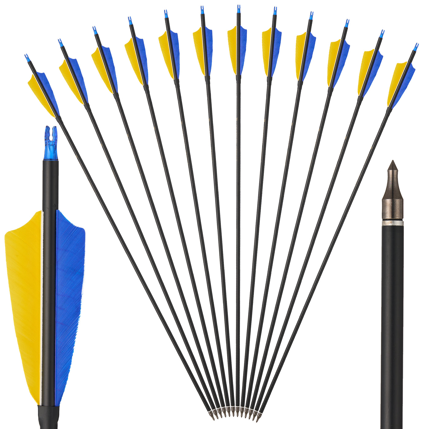 12x 31" Archery Carbon Arrows Spine 550 Blue Yellow Feathers for Recurve Bow Compound Bow Target