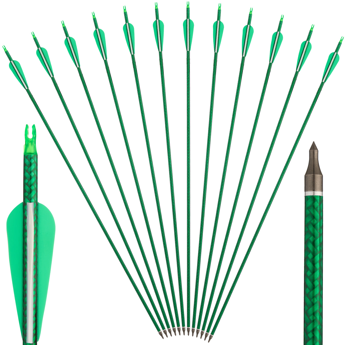 12x 31.5" Twill Woven Striped ID 6.2mm Spine 500 Archery Arrows 3" Parabolic Vane Mixed Carbon Green/Blue/Red