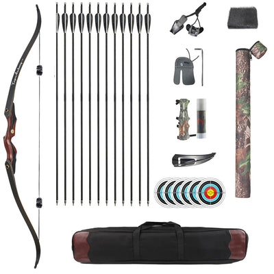 60" Archery 25-50lbs Takedown Recurve Bow Carbon Arrows Kit Wood Riser Left/Right Handed Hunt Shooting Sport Recreational Hiking