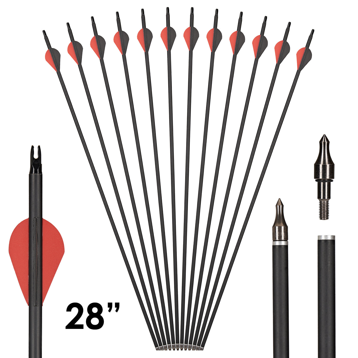 12x 28 inch Archery Carbon Arrows Spine 500-550 ID 6.2mm with Replaceable Arrowhead for Recurve Bow Compound Bow Target