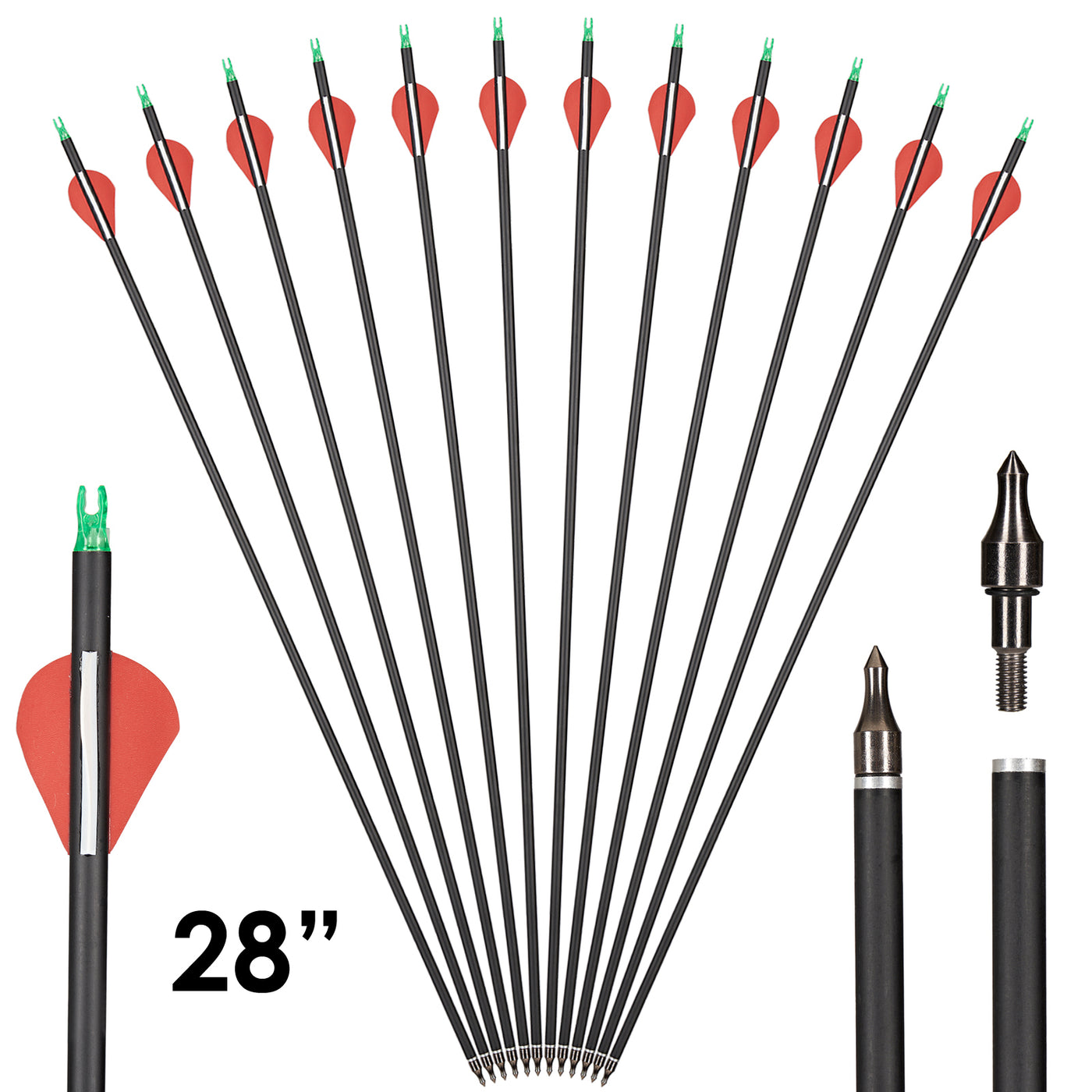 12x 28 inch Archery Carbon Arrows Spine 500-550 ID 6.2mm with Replaceable Arrowhead for Recurve Bow Compound Bow Target