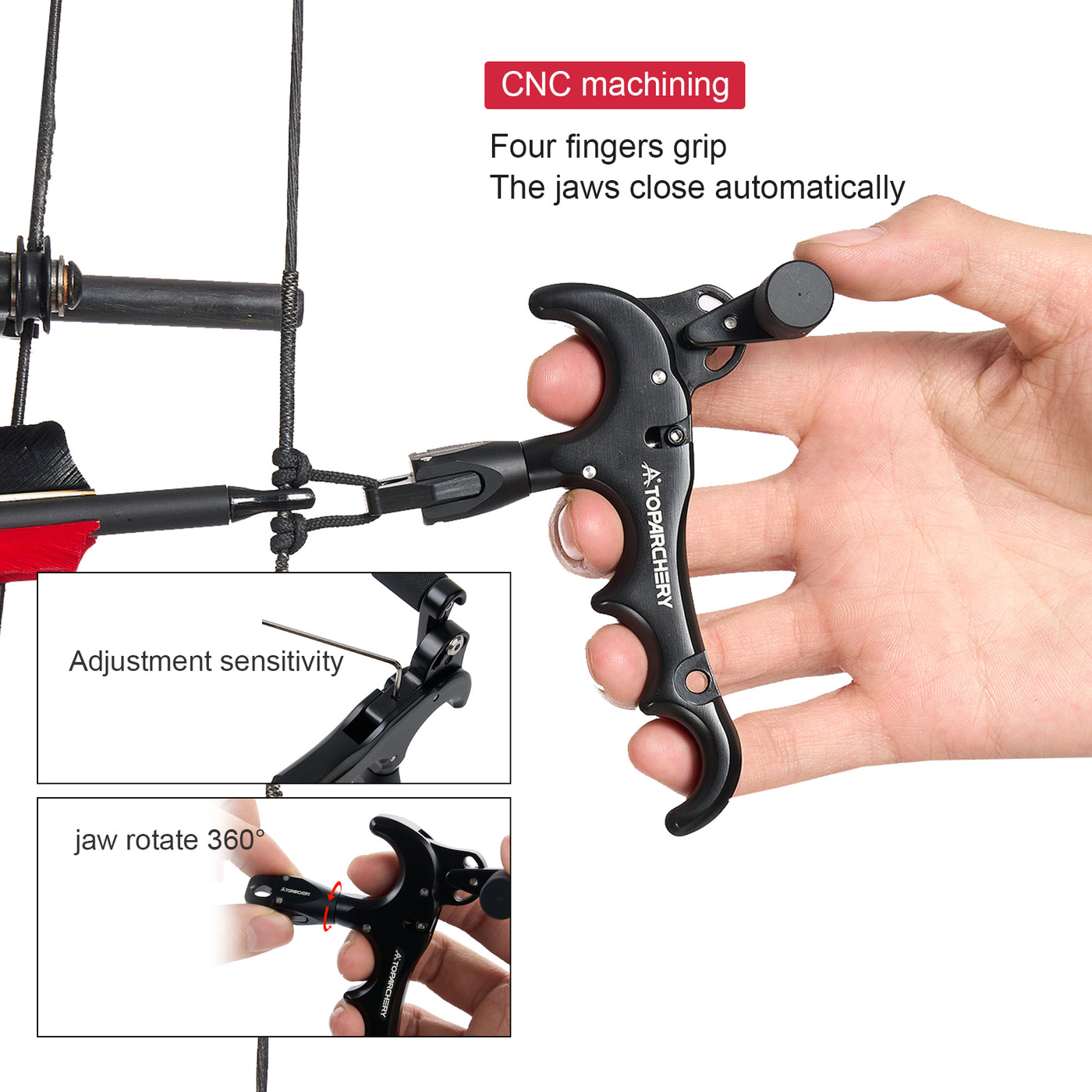 4 Finger Archery Compound Bow Release Aids 360 Degree Rotation Aluminum Alloy Thumb Trigger Grip